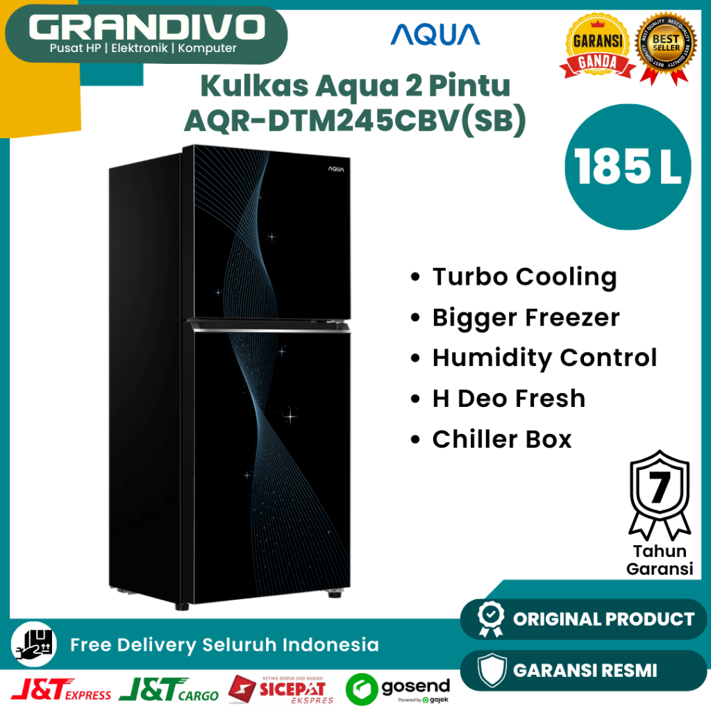 AQUA Kulkas 2 Pintu 185 Liter Tanpa Bunga Es Low Watt BIG Freezer Chiller Box  - AQR DTM245CBV
