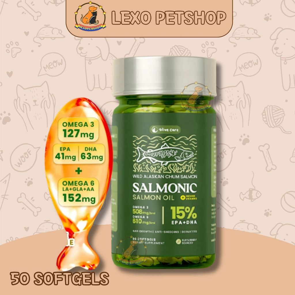 Olive Care Vitamin Minyak Ikan Kucing SALMONIC Murni & Alami Non-GMO Tinggi Omega 3 EPA DHA Omega 6 