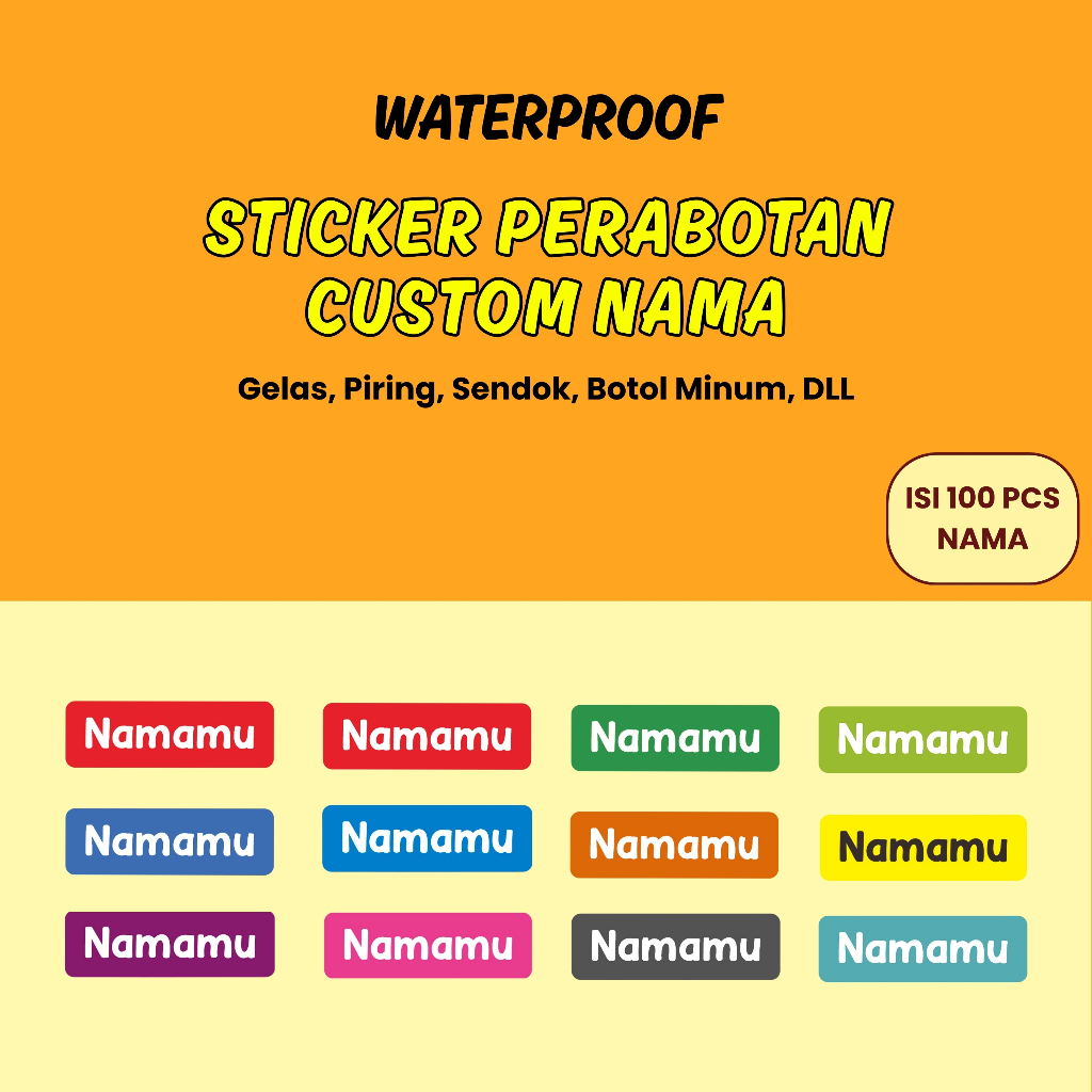 

100Pcs Sticker Custom Nama Piring Sendok Botol Barang Perabotan Stiker Ajaib Waterproof Timbul Label