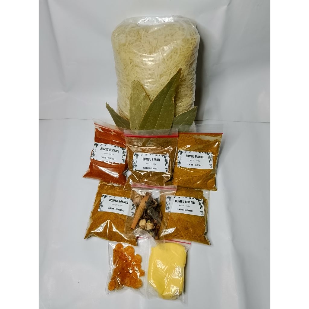 

Paket Beras Basmati 1kg + Bumbu Kebuli, Briyani, Kabsah, Bukhori, Mandi + Rempah, Margarine & Kismis