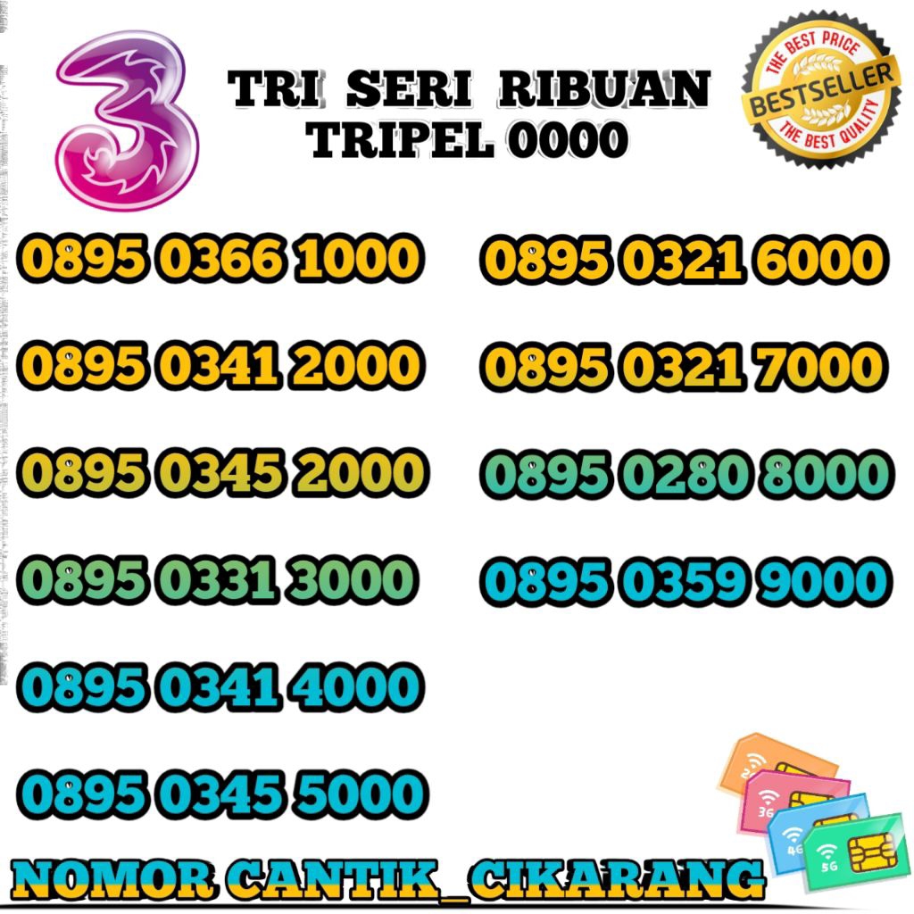 Nomor Cantik TRI 12 DIGIT 4G Suport 5G - Kartu Perdana Nomor Cantik TRI Seri Ribuan 1000 2000 3000 4