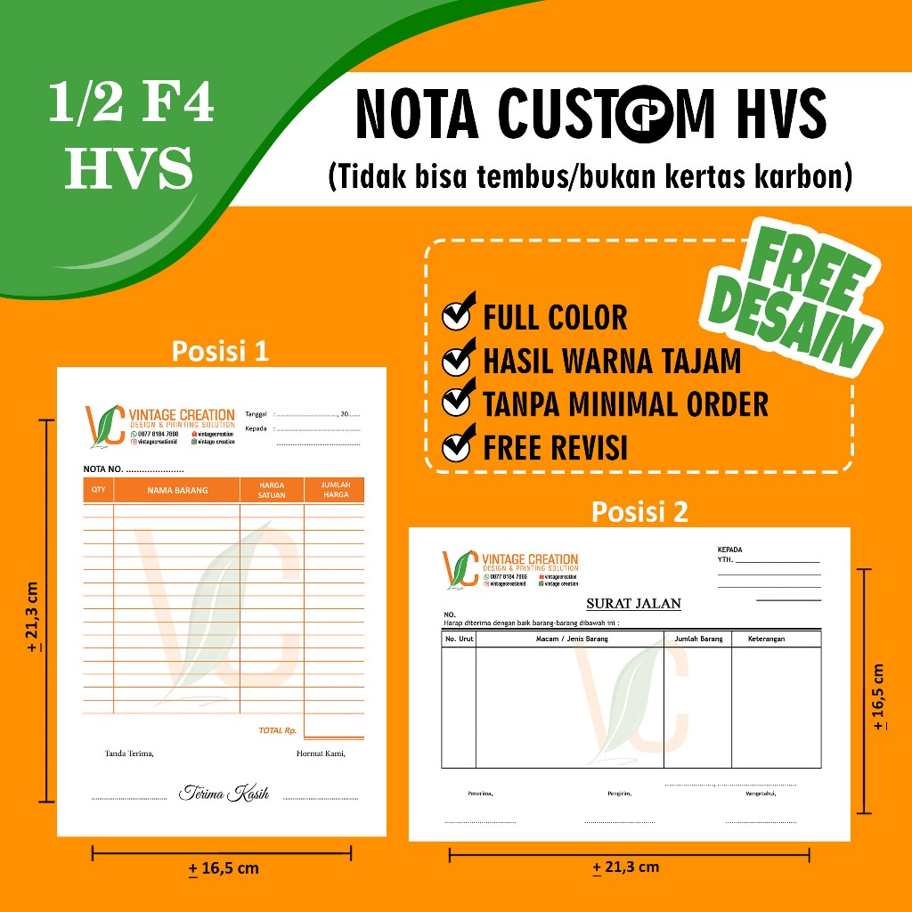 

NOTA HVS UKURAN 1/2 F4 FREE DESAIN CUSTOM 1PLY (NON TRANSFER) 21,3 x 15,6 cm