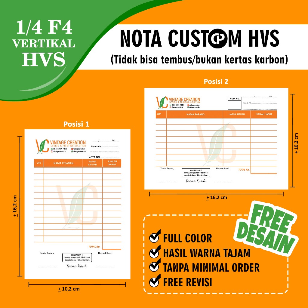

NOTA HVS UKURAN 1/4 VERTIKAL F4 FREE DESAIN CUSTOM 1PLY (NON TRANSFER)