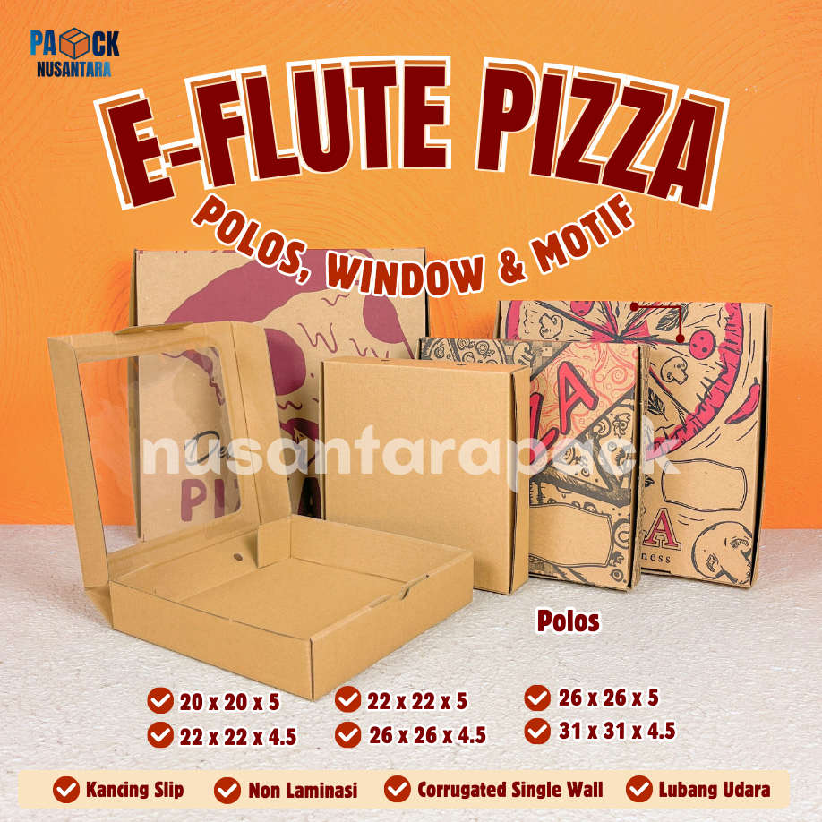 

E-flute Pizza Polos Window Box Coklat Serbaguna Packaging Makanan Hampers 20x20x5 22x22x5 25x25x5 cm
