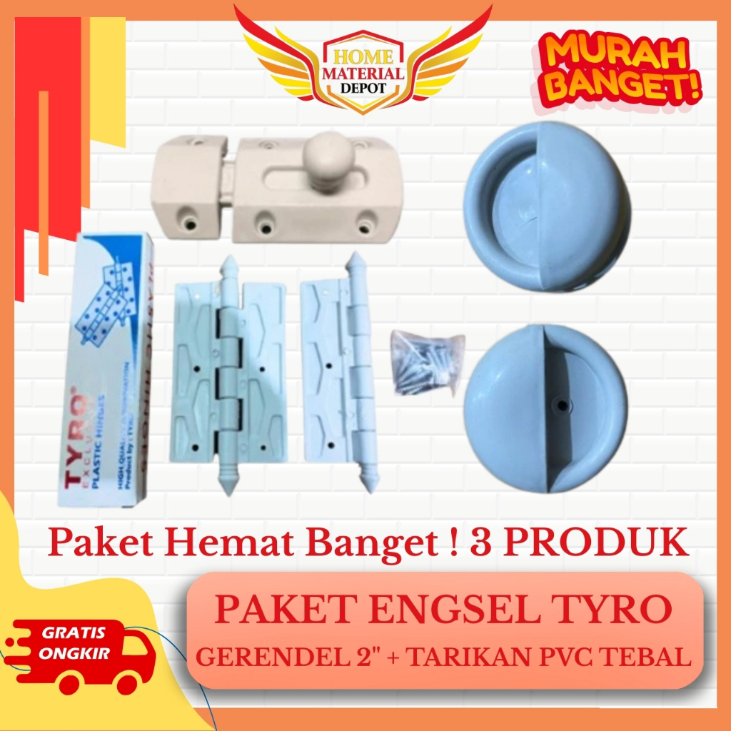 Paket Lengkap Aksesori Pintu Kamar Mandi PVC | Engsel, Grendel, Tarikan Pintu Bulat