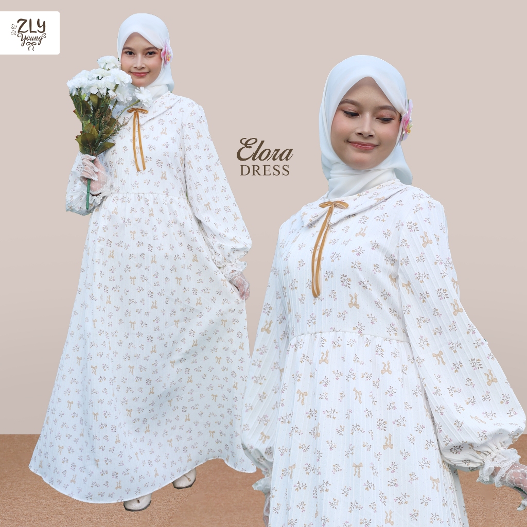 ZLY Elora Dress Gamis Motif Bunga & Pita Lengan Balon Dengan Detail Renda, Kain Saphire Nyaman