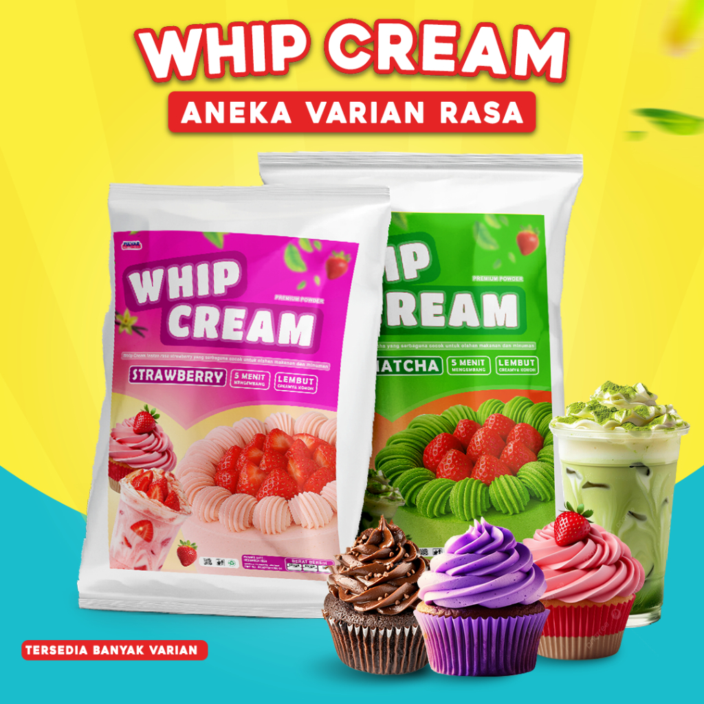 

Whip Cream Bubuk Premium Aneka Rasa - Topping Minuman - Filling Kue Tart - Isian Mochi - Fruit Sando
