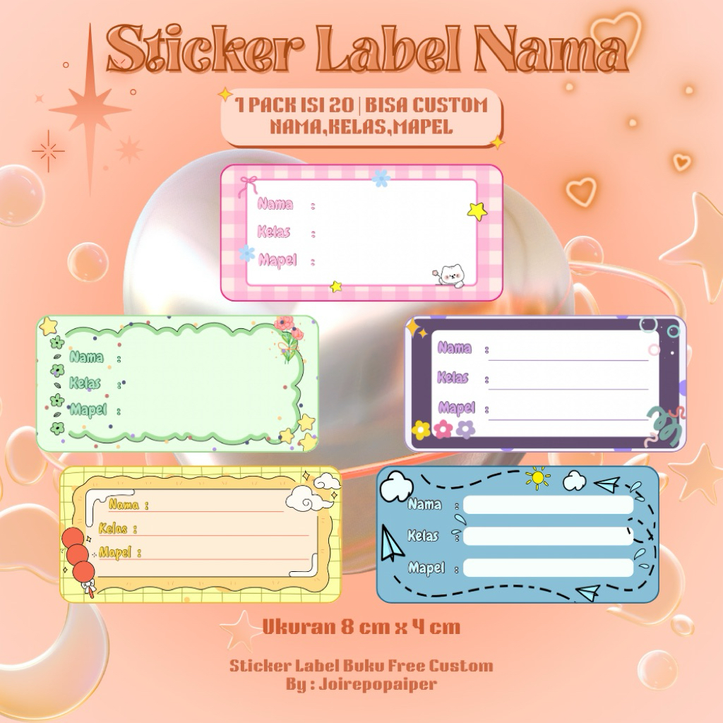 

STICKER LABEL NAMA BUKU LUCU | 1 PACK ISI (20) | BISA MIX | BISA CUSTOM NAMA, KELAS DAN MAPEL