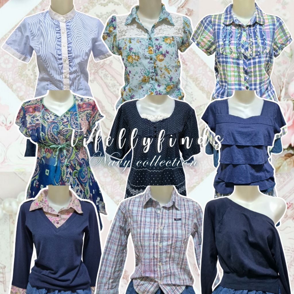 blue navy y2k top coquette milkmaid ruffle gingham sheer batik double layered floral lolita babydoll