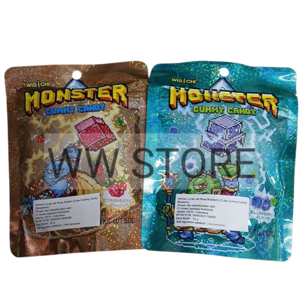 

Permen lunak jeli rasa buah stroberi bluberi bentuk kubus halal MUI WISCHI Strawberry Blueberry Flavour Flavor MONSTER Cube GUMMY CANDY 50g