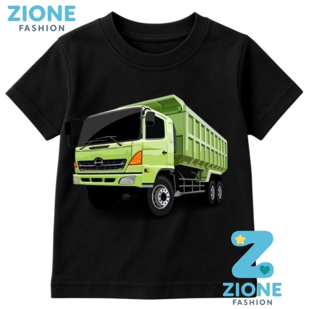 Kaos Anak Dump Truck Hijau – Baju Anak Laki Motif Truk Konstruksi Keren Hitam Katun Adem Free Nama