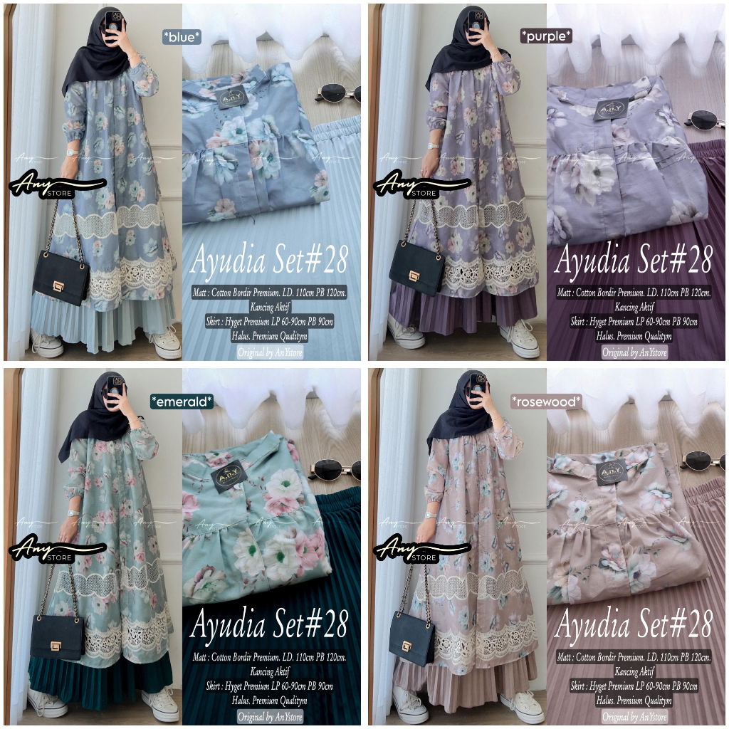Ayudia Set#28 Gamis Ayudia Set Gamis Warna Biru Ungu Emerald dan Rosewood Bahan Premium Size LD 110c