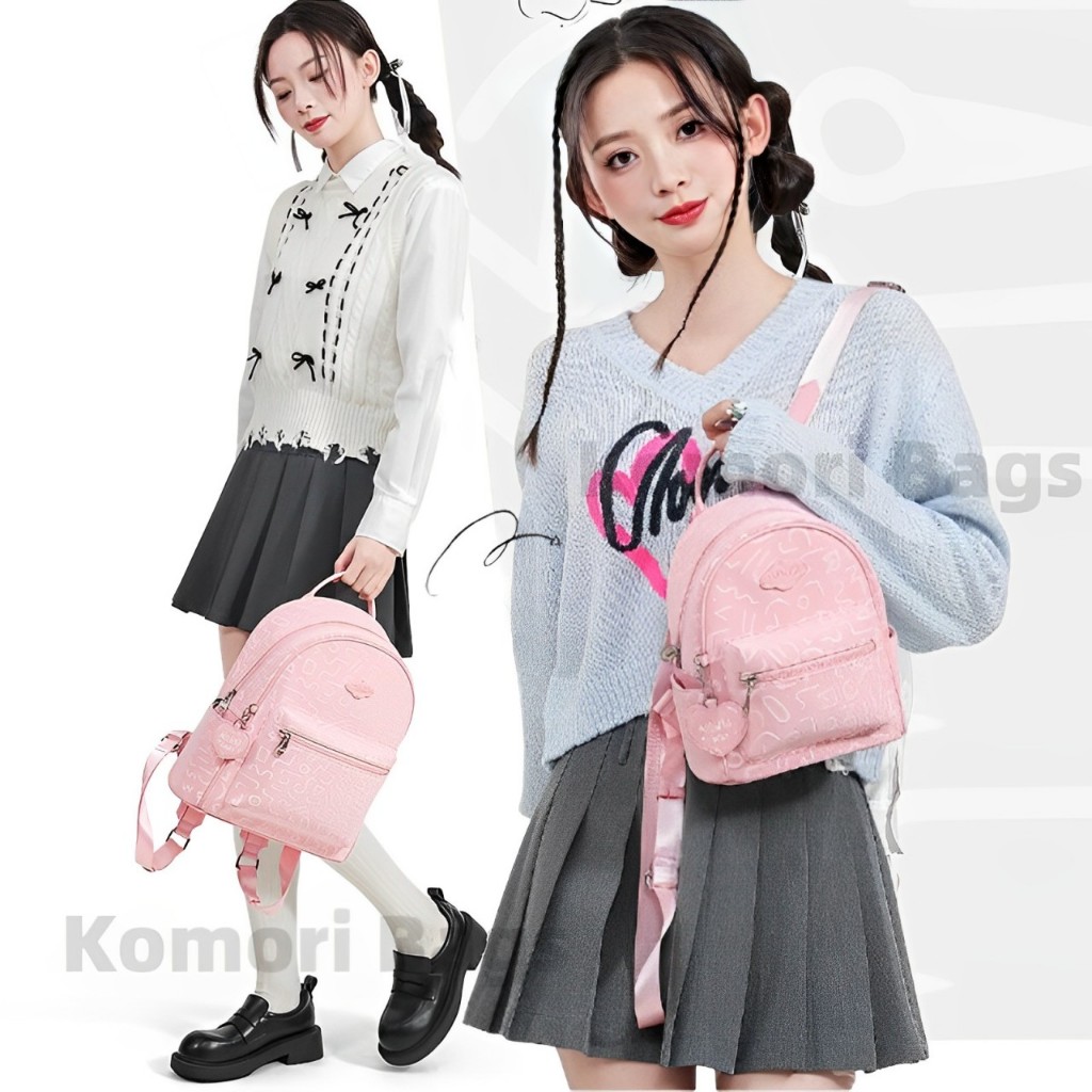BESTPROMO [COD]Tas Sekolah Wanita Mini Manis Pink Lucu Ransel Kasual Gaya Kulit Cream Tas Ransel