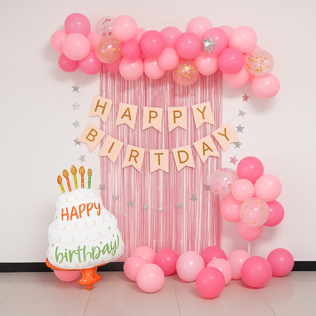 paket set dekorasi indoor ultah ulang tahun HBD thema girly anak perempuan warna pink Kombinasi leng