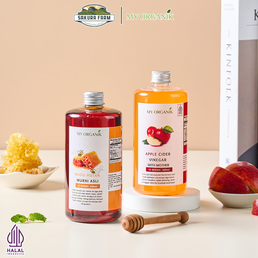 

My Organik Paket 2 in 1 Cuka Apel Organik with Mother apple cider vinegar untuk Kesehatan Madu Hutan