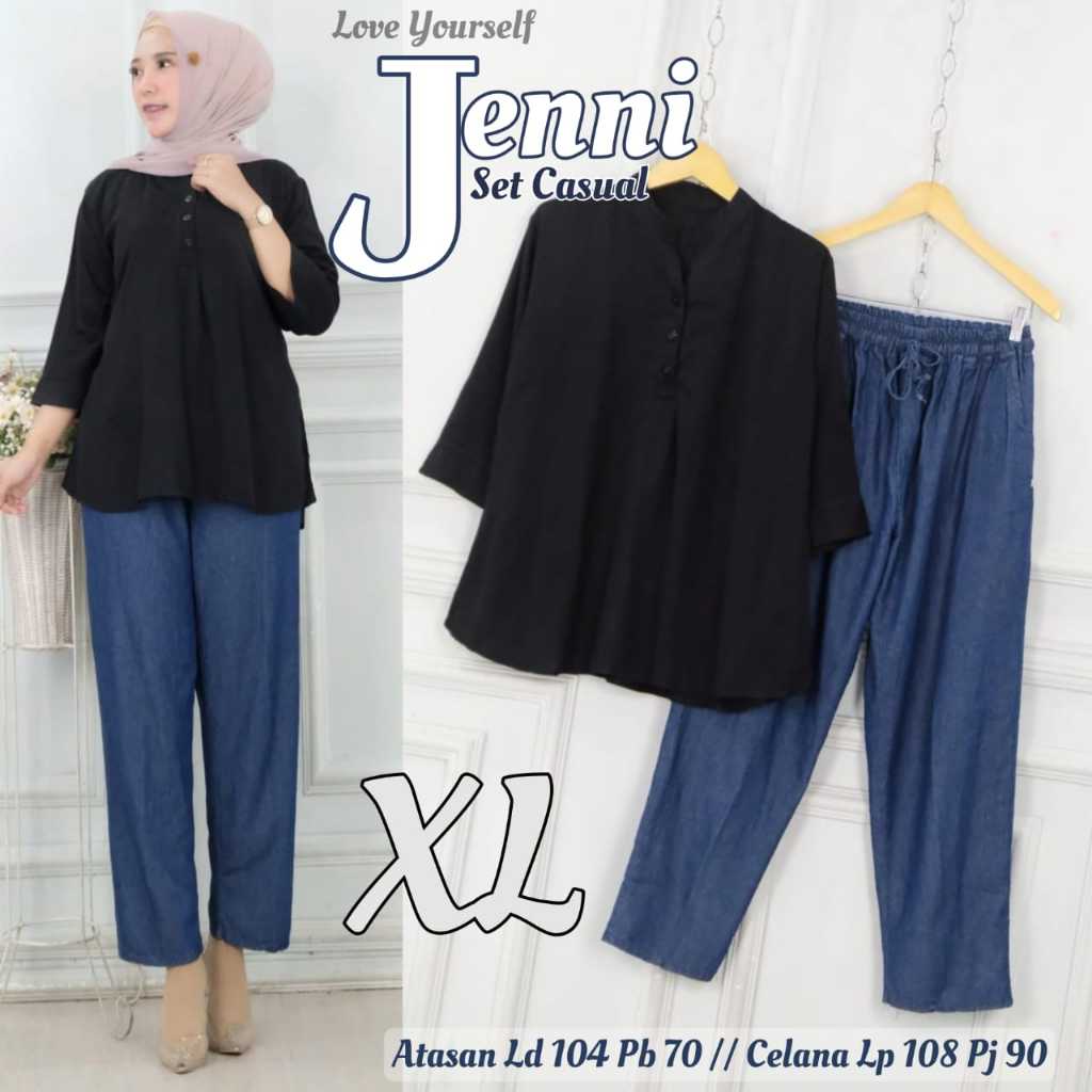 Jenni Set Jeans XL LD 104 Pakaian wanita atasan Shanghai Set Jeans Premium OneSet Adem Lembut