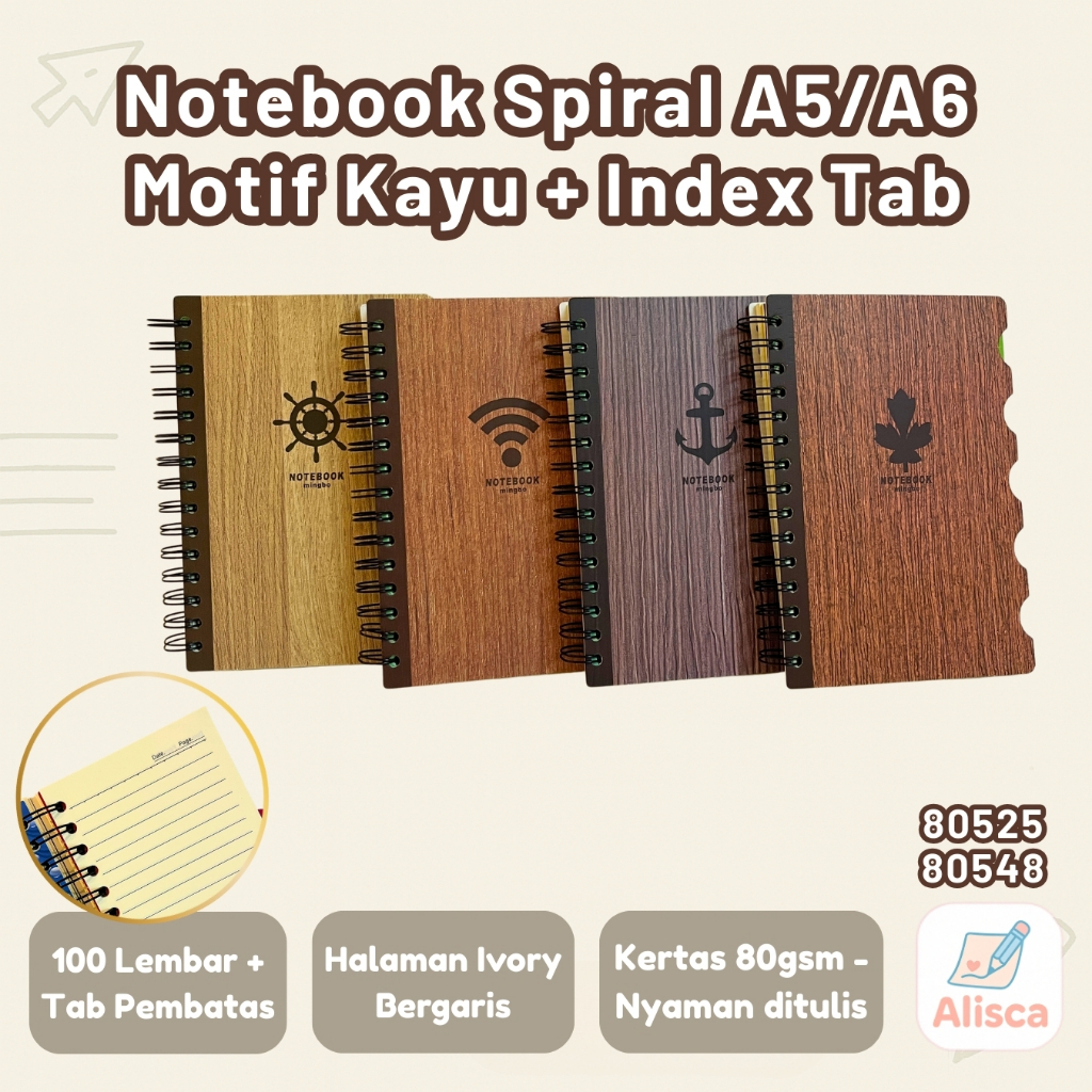 

Buku Catatan Spiral Index Cover Motif Kayu A5 & A6 - Notebook 80gsm 100 Lembar XQ-80525 - Alisca