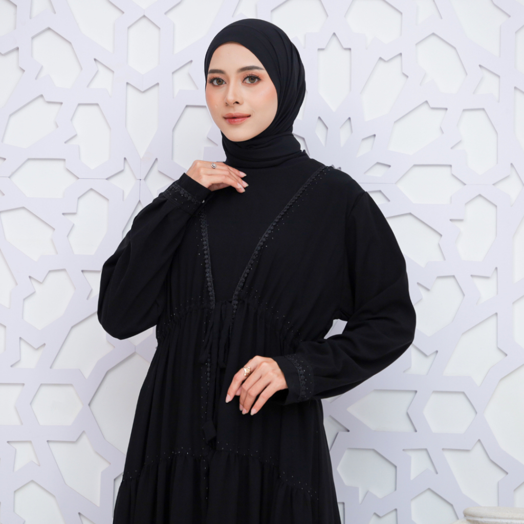 Abaya Hitam Turkey Bahan Jetblack Kombinasi Renda