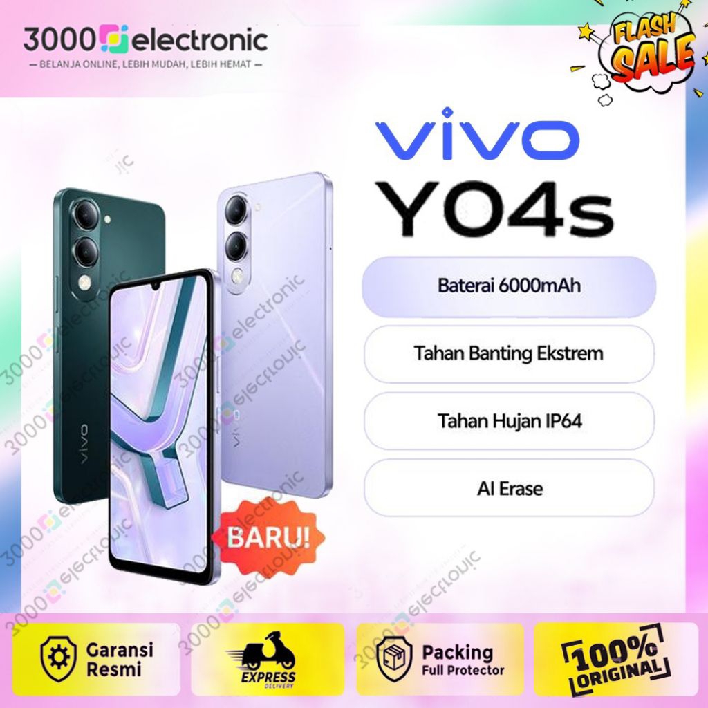 VIVO Y04s RAM 4/64GB | GARANSI RESMI - 100% ORIGINAL - BATERY 6000 MAH - 15 Watt
