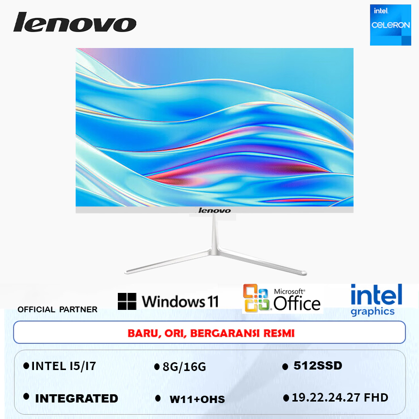 LENOVO PC Komputer Full PC All-in-One 19‘ 22’ 24‘ Baru Terbaru HD Super Tipis Intel Core i3/i5/i7 Un