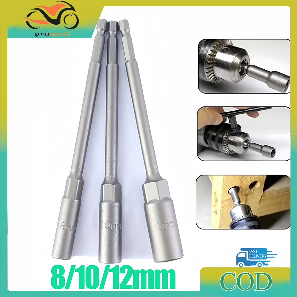 3Pcs Adaptor Socket Mata Kunci Shock Format Hexagonal Ukuran 8mm 10mm 12mm Panjang 150mm