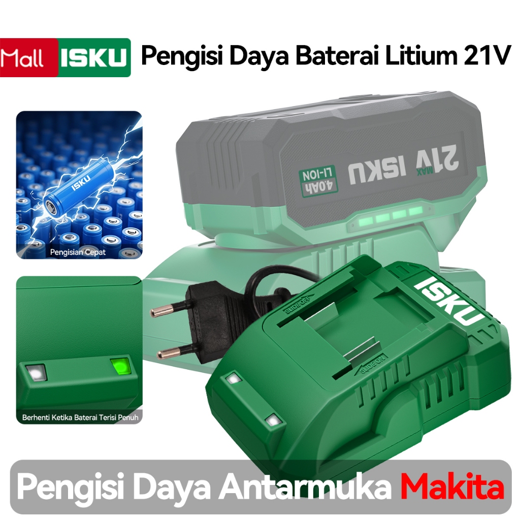ISKU Charger Baterai Lithium 21V - Pengisian Cepat & Auto Stop, Chip Pintar, Anti Panas, Kompatibel 
