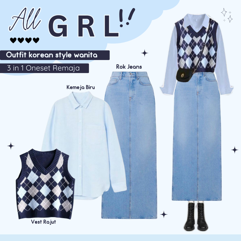 Outfit korean style rok dan vest (Vest rajut, Kemeja, Rok jeans) 1 Set outfit remaja kekinian - AS54
