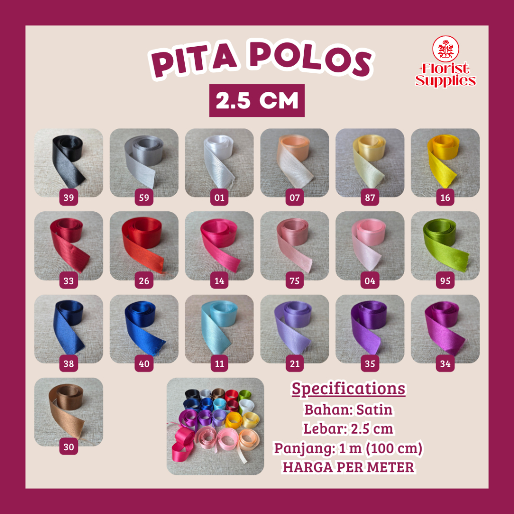 

[PER METER] - Pita Satin Polos 2.5 CM Sateen Silk Ribbon Pita Kado Aksesoris Hiasan Buket Bunga