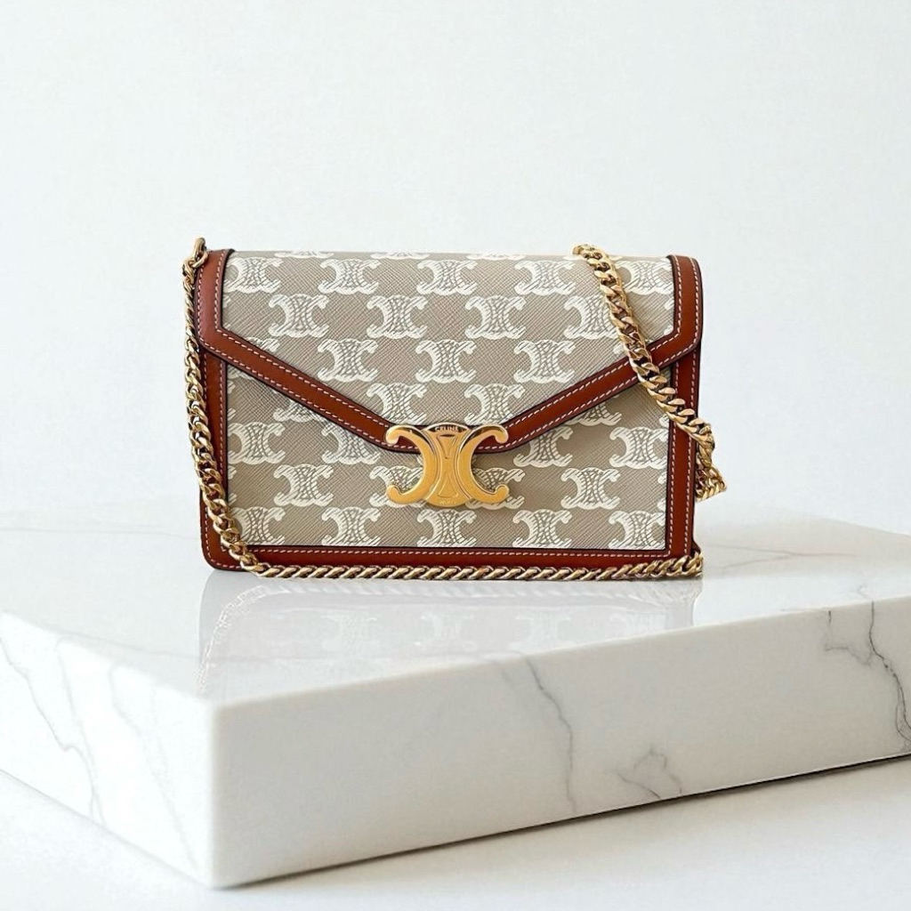 CELINE Wallet on Chain WOC Margo Envelope Crossbody Bag in Triomphe Canvas and Calfskin