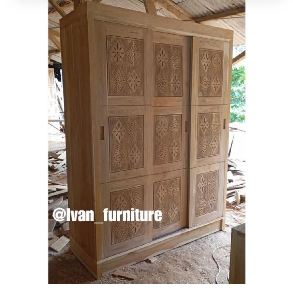 LEMARI PAKAIAN JATI SLIDING PINTU 3 LEMARI SLIDING KAYU JATI PINTU 3