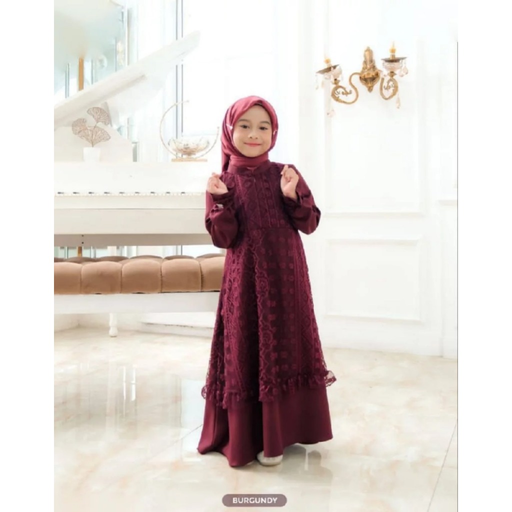 Gamis Anaka Perempuan Alvira Maxy KF Bahan Kain Ceruty Babydoll Full Puring Mix Brukat Size M L XL G
