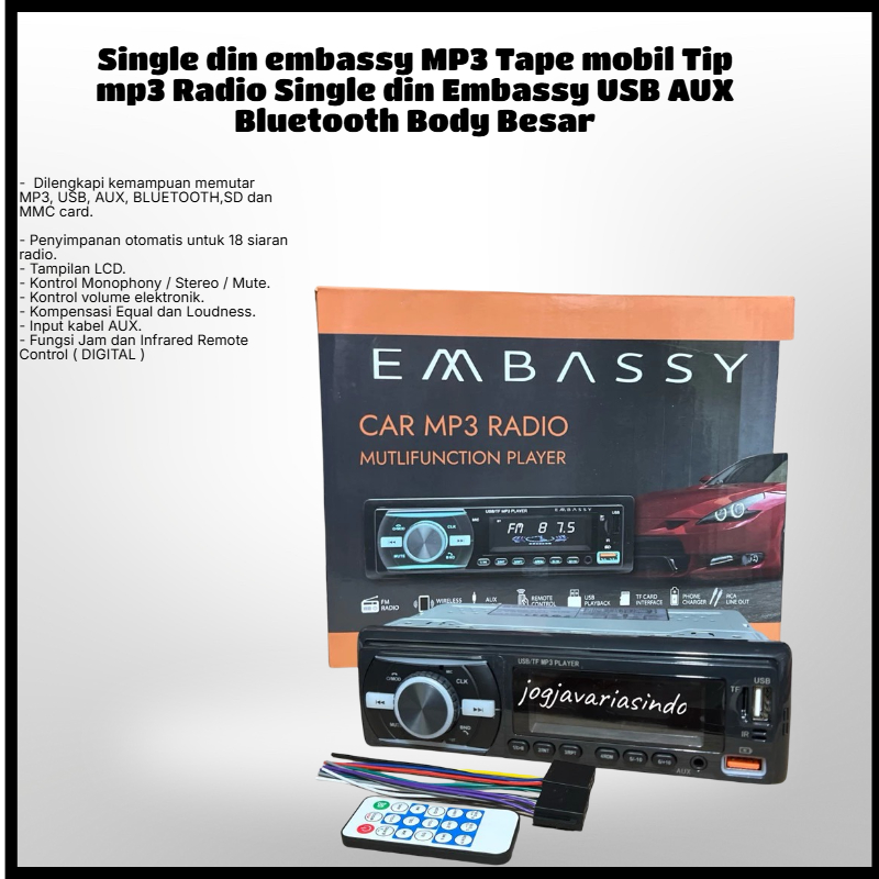 Single din embassy MP3 Tape mobil Tip mp3 Radio Single din Embassy USB AUX Bluetooth Body Besar