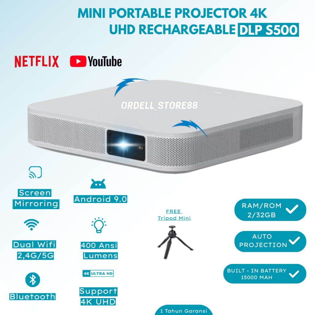 Proyektor DLP S500 Android 9.0 400 ANSI Lumens RAM 2/32 GB Support 4K 1080P | DLP S500 | Smart Proye