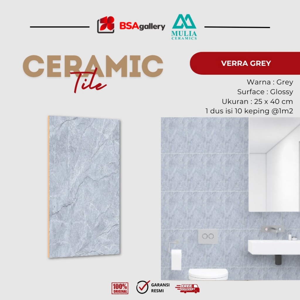 KERAMIK MULIA ACCURA ABU MARBLE 25X40 / KERAMIK KAMAR MANDI MURAH VERA GREY 25X40