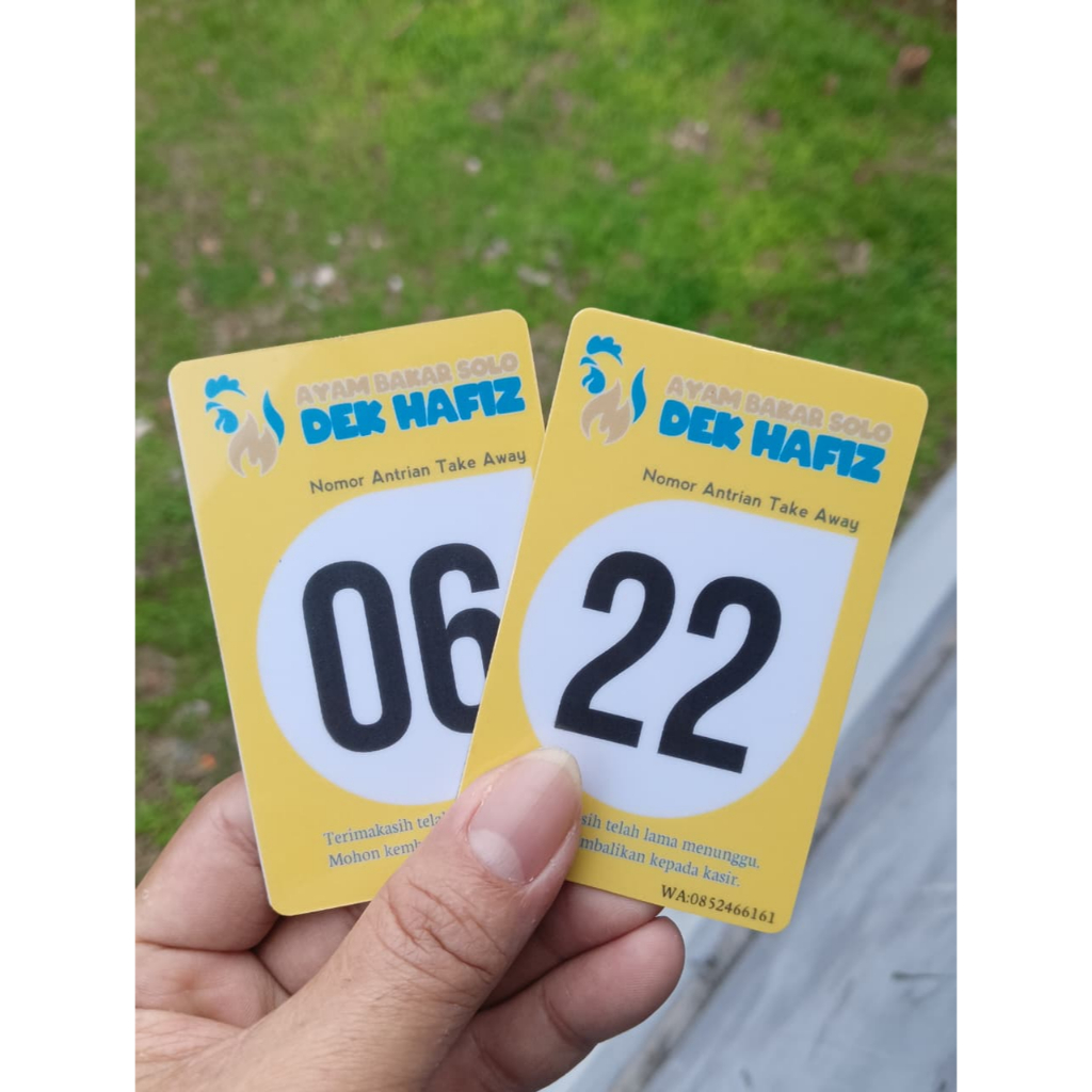 

Kartu Nomor Antrian Custom bahan PVC ukuran 5.5x8.5cm cetak 2 sisi
