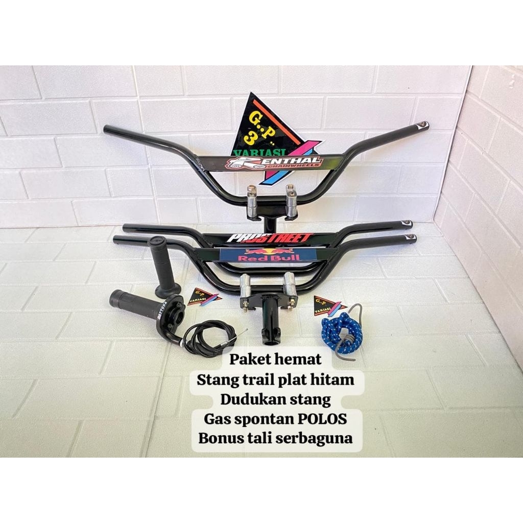 PAKET HEMAT STANG TRAIL PLAT HITAM+DUDUKAN/ADAPTOR STANG+GAS SPONTAN DAYTONA POLOS BONUS TALI SERBAG