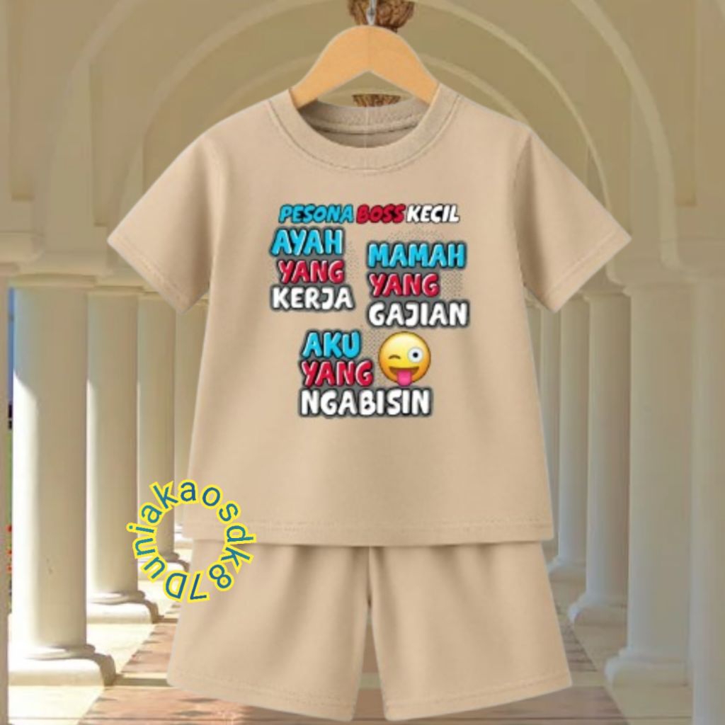 Setelan Anak Cewek Cowok Motif Pesona Boss Kecil Baju Oblong Kaos Celana Setelan Anak Lengan Pendek 