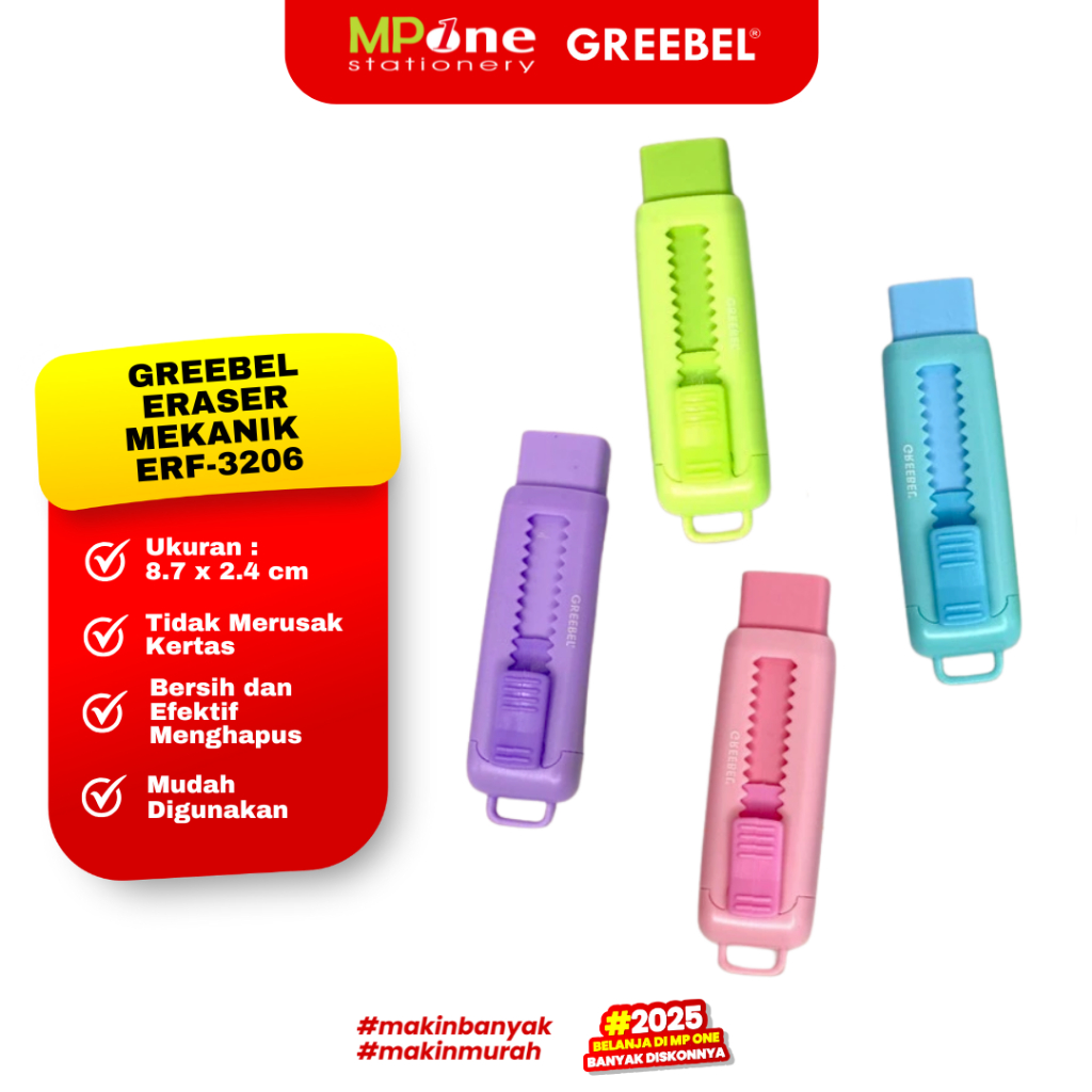 

(1 PCS) Greebel Penghapus Mekanik ERF-3206 / Sliding Eraser Warna Warni Mekanik Anak Sekolah GREEBEL
