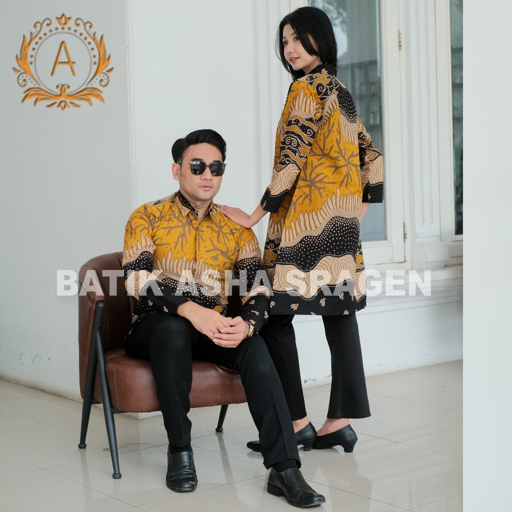 Batik Couple - Batik Tunik Wanita - Batik Pria Lengan Panjang - Motif Danasmaran Warna Kuning