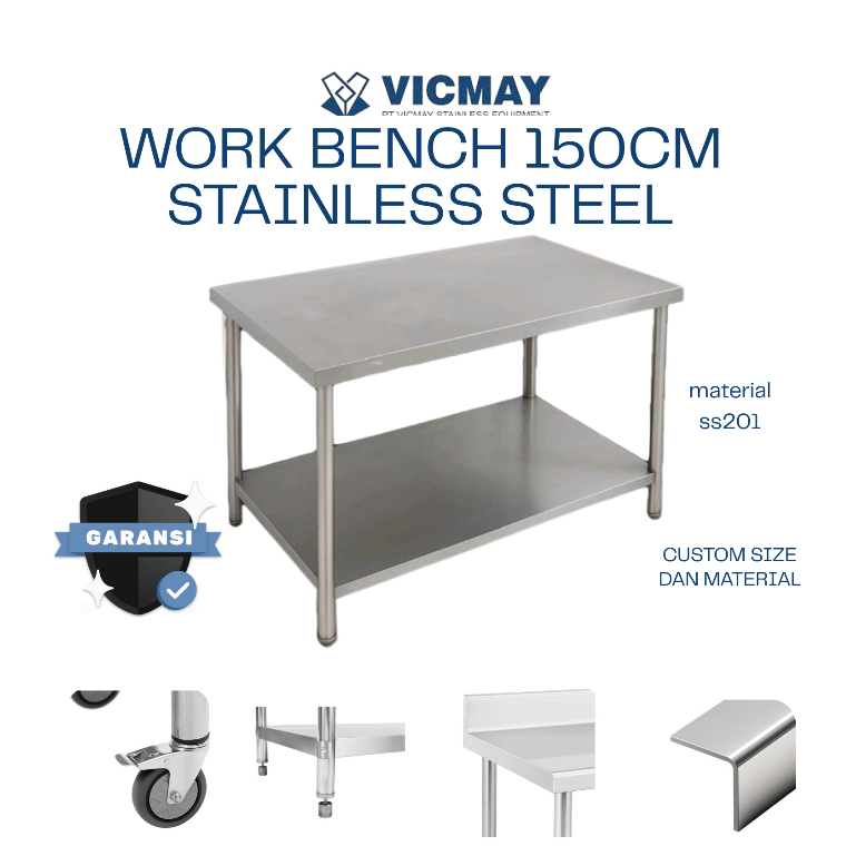 Vicmay Meja Stainless Steel/Work Bench SS201, Meja Dapur Serbaguna, Ukuran 1500x700x800mm