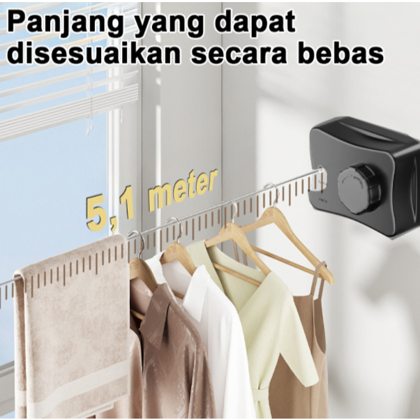 Aladiin Jemuran Dinding 5.1 Meter Beban 20 Kg Tarik Lipat - Anti Karat untuk Ruangan & Balkon