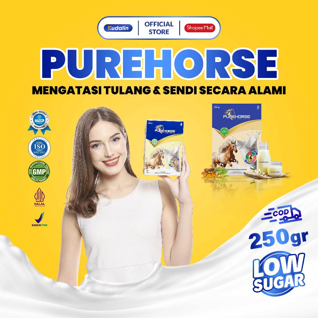 

Pure Horse Susu Kuda Liar Untuk Sakit Tulang Sendi & Rematik Kemasan 250 Gram | Paket 1 Box