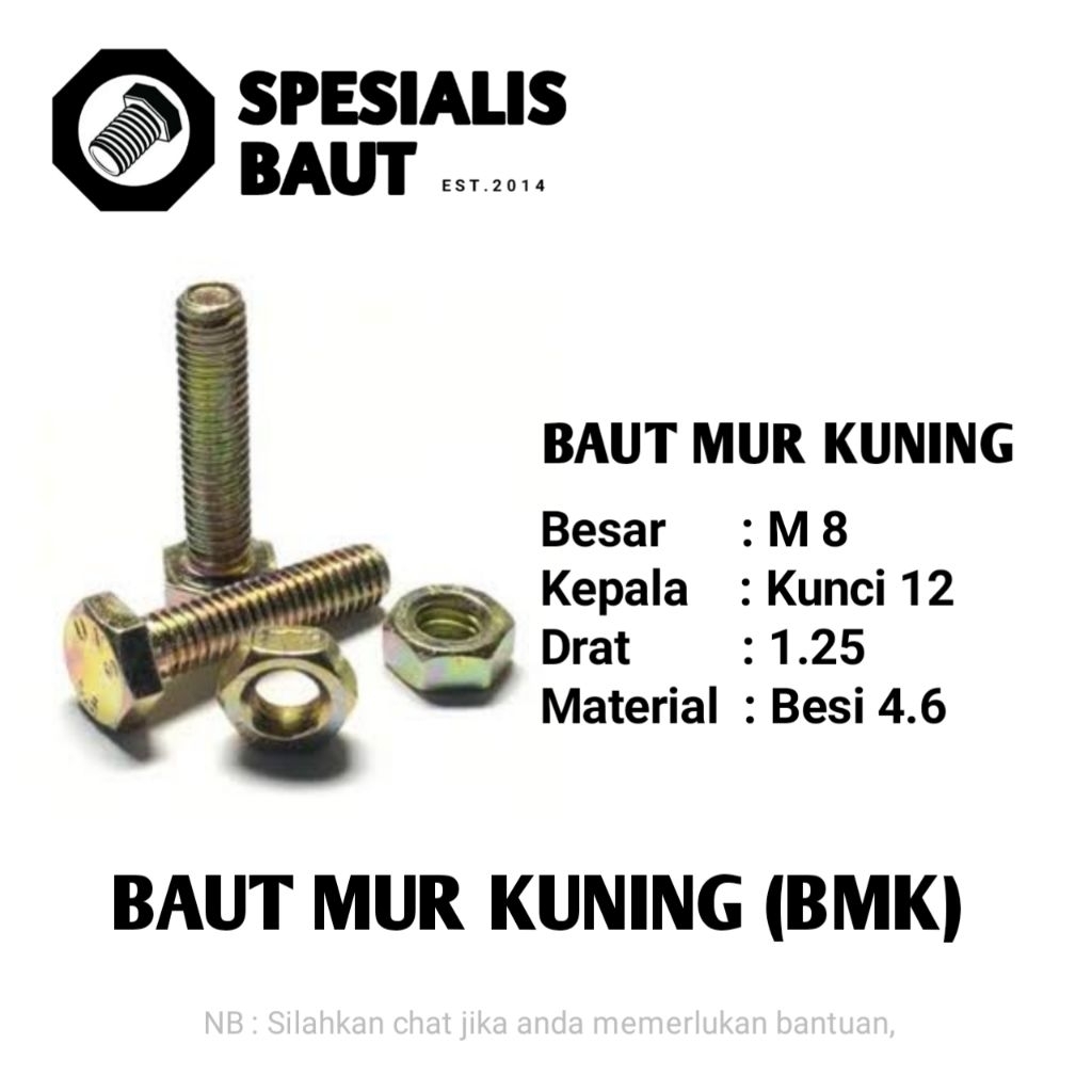 Baut Mur Kuning M8x30 (3 cm) / Kunci 12 / Baut Kuning M8 / BMK / Baut Hex / Baut Hexagon