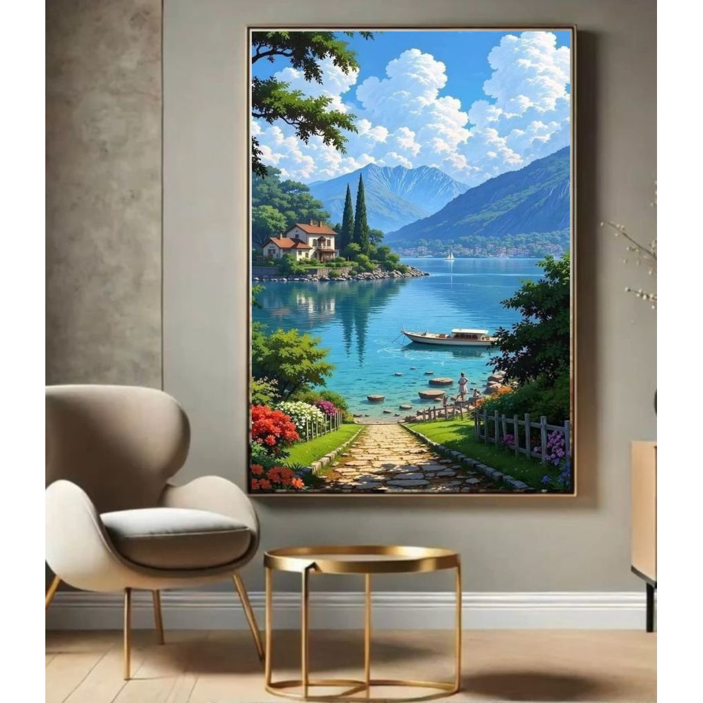 Lukisan Pemandangan Gunung Dan Danau Lukisan Dinding Modern