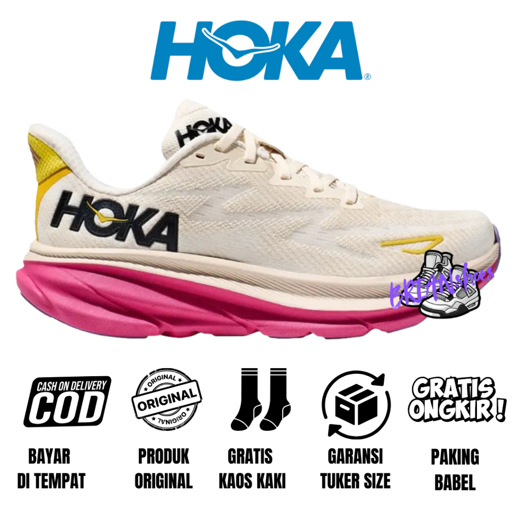 Sepatu Running Wanita Hoka Original Hoka Clifton 9 Eggnog Pink