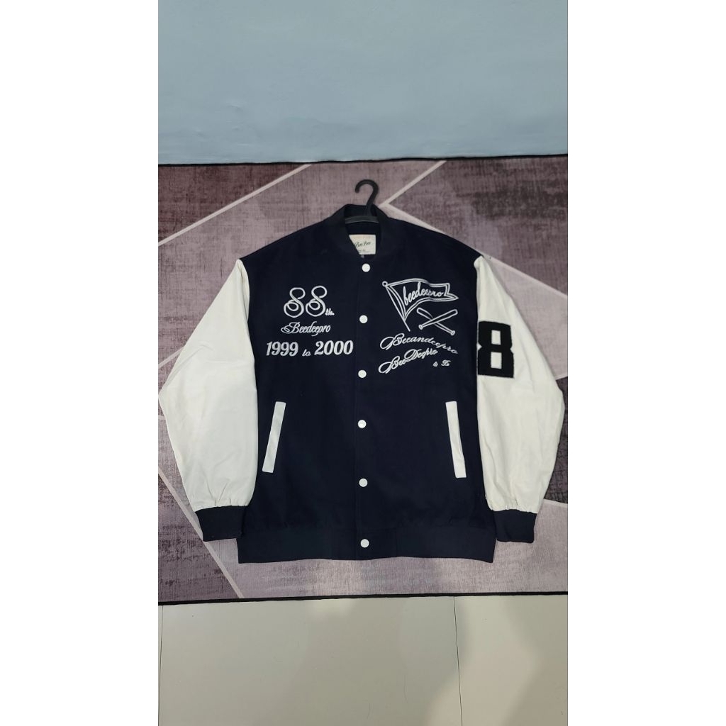 Jacket Baseball Kulit Varsity Blue Navy White Size XXL
