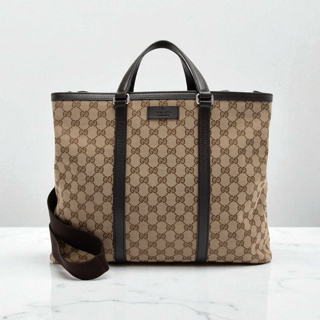 GUCCI GG Supreme Canvas Classic Large Travel Shopper Tote Bag with Shoulder Crossbody Strap