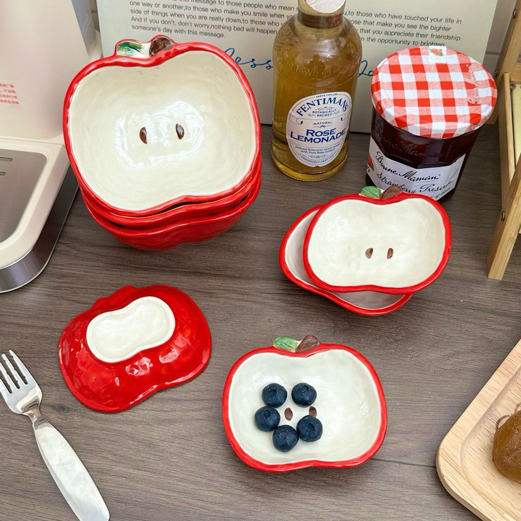 Apple Slice Bowl & Sauce Plate Set | Cute Mini Saucer & Dipping Plate | Mangkuk Cereal Sarapan & Pir