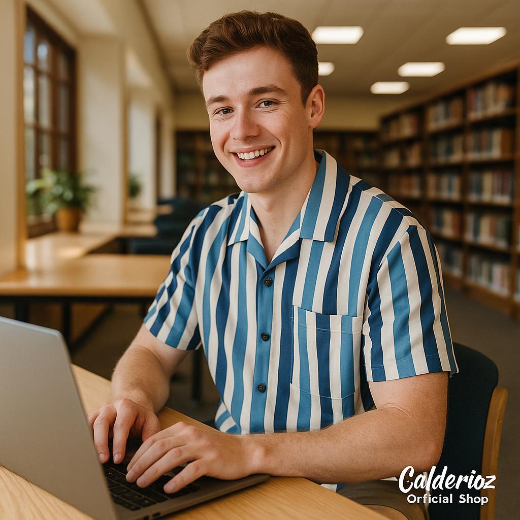 Calderioz - Kemeja Kuliah Salur Tosca Cream Lengan Pendek Pria Wanita Outfit Nongkrong Santai