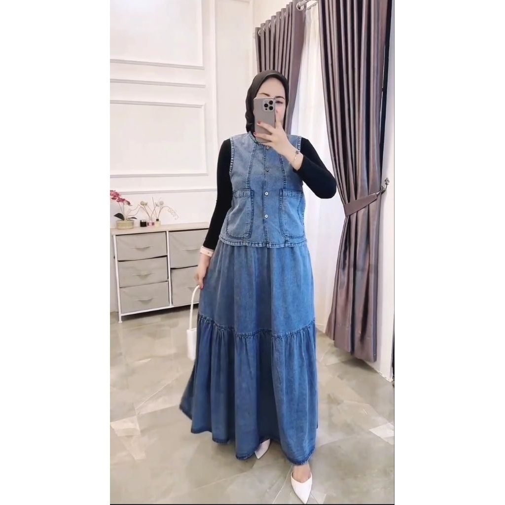 Setelan Baju Jeans One Set Rok Jeans Plus Rompi Sakila